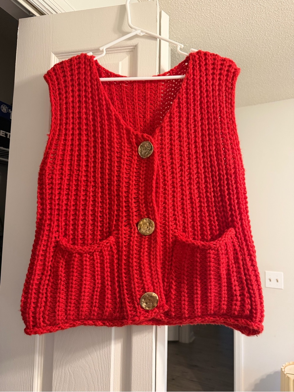 Bold Red Chunky Knit Buttoned Vest